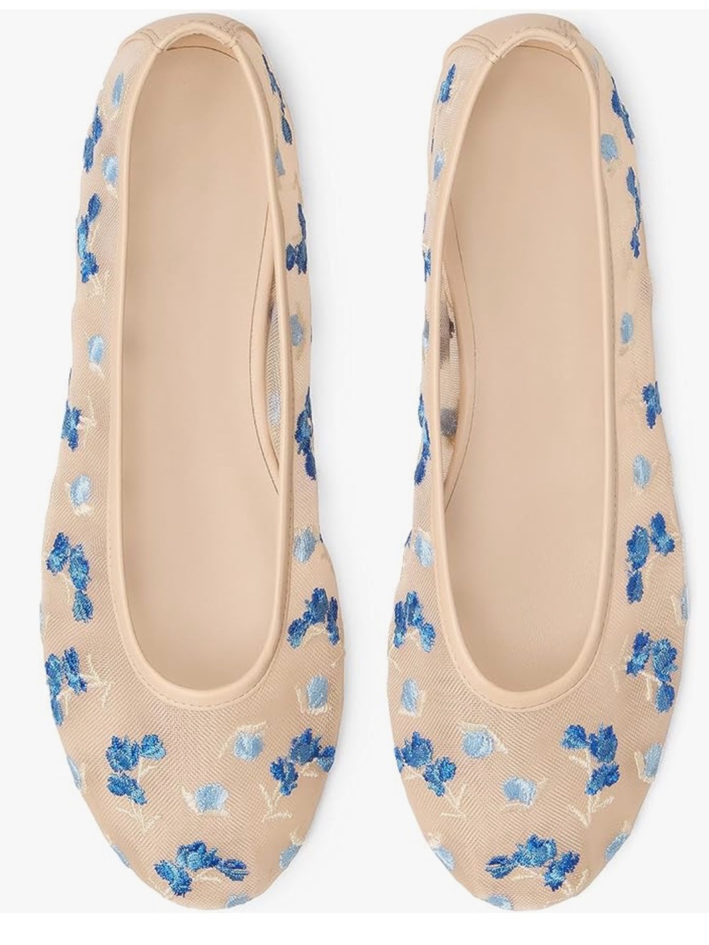 New / Never worn - Beige Mesh Ballet Flats with Blue Floral Embroidery